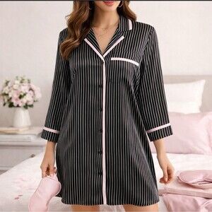 In Bloom By Jonquil Women's Black Silky Nightshirt Pink Trim Classic Cozy Large